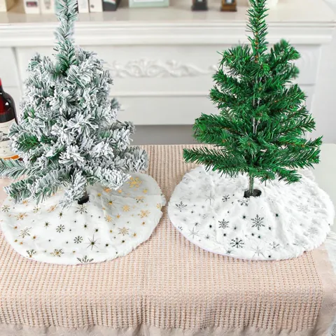 Jupe De Sapin De Noël Mini Peluche Blanche Couverture De Base Ronde Motif Flocon De Neige Étoile Or Argent Décor