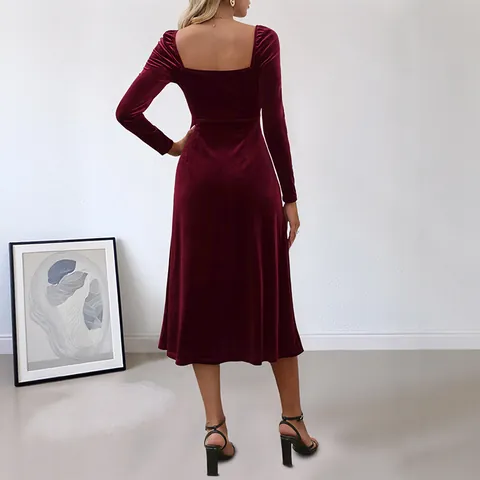 Elegante Abito Midi in Velluto Rosso Vino da Donna Retro Scollo Quadrato Manica Lunga Spacco Laterale Abito da Sera