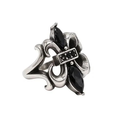 Vintage Gotik Lilie Edelstahl Ring Für Herren Damen Retro Schwarz Strass Eingelegt Punk Schmuck Bandring