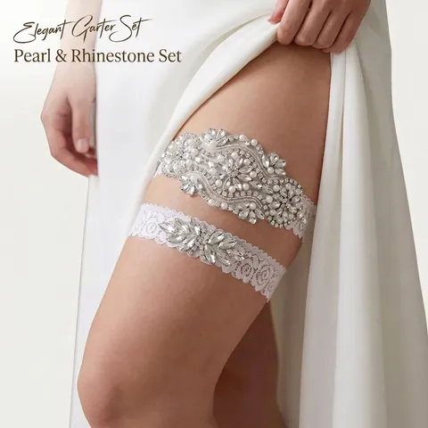 Witte Kant Bruid Kousenband Sieraden Met Strass Kunstparel Accent Voor Bruiloft Banket Feest Elastische Beenband Voor Vrouwen