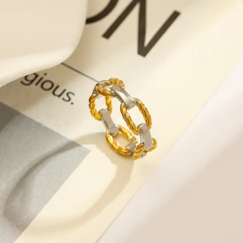 Bague Chaîne Bicolore en Acier Inoxydable Minimaliste Pour Femmes Plaquée Or 18K Bague Géométrique Bijoux de Mode Cadeau