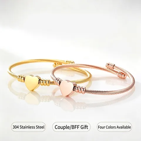 Edelstahl Kabeldraht Armband Mit Herzanhänger Gedreht Offene Manschette Armreif Elegante Minimalistische Mode Schmuck Für Frauen