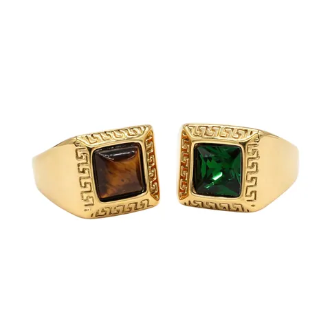 Vintage Barock Titanstahl Ring Für Damen Herren Quadratischer Edelstein Mäander Muster Poliert Galvanisiert Unisex Mode Fingerring Schmuck