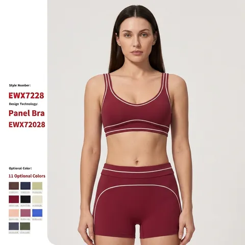Soutien-gorge de Sport Yoga pour Femmes en Nylon Élasthanne Tissu Brossé Surpiqûres Contrastées Dos en U Fitness Course Top