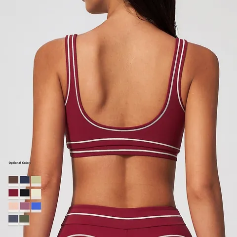 Soutien-gorge de Sport Yoga pour Femmes en Nylon Élasthanne Tissu Brossé Surpiqûres Contrastées Dos en U Fitness Course Top
