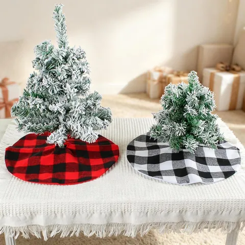 Mini Christmas Tree Skirt Buffalo Plaid Round Cloth Decorative Base Cover For Home Party Holiday Tabletop