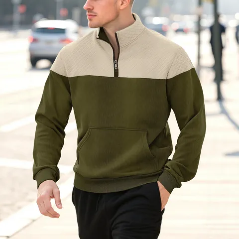 Heren Sweatshirt Gewatteerd Patchwork Opstaande Kraag Quarter Rits Pullover Lange Mouwen Casual Wafelstructuur Top