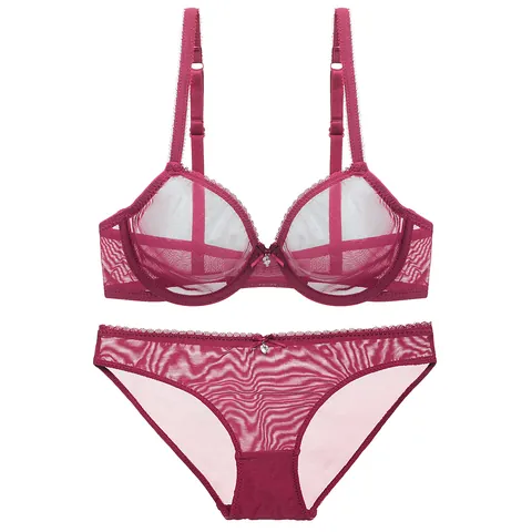 Lingerie Sexy Femme Maille Transparente Soutien-Gorge Et Culotte Top And Bottom Bordure Dentelle Pendentif Cœur Ultra-Fin