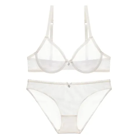 Lingerie Sexy Femme Maille Transparente Soutien-Gorge Et Culotte Top And Bottom Bordure Dentelle Pendentif Cœur Ultra-Fin