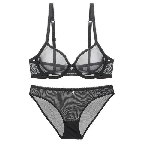 Women Sexy Ultra Thin Transparent Mesh Bra And Panty Gathering Breathable Lace Lingerie With Heart Pendant