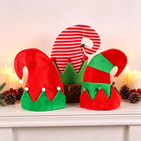 Christmas Elf Hat With Jingle Bells Striped Patchwork Festive Plush Party Hat For Holiday Decoration And Costume