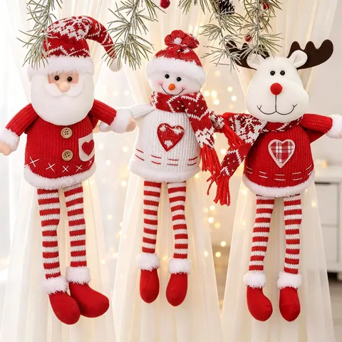 Christmas Curtain Tiebacks Plush Knitted Santa Claus Snowman Reindeer Long Legged Doll Festive Home Decor