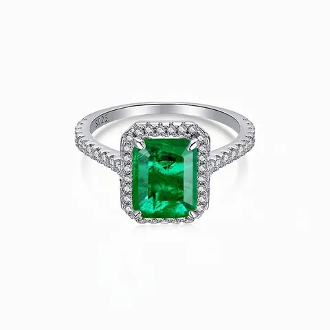 Lussuoso Anello in Argento Sterling 925 Zirconia Quadrata Geometrico Taglio Smeraldo Halo Matrimonio Banchetto Gioielli di Moda Anello per Donna