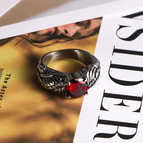 Vintage Punk Roestvrij Staal Vleugel Veer Ring Voor Mannen Vrouwen Grote Rode Ronde Strass Ingelegd Gothic Vingerring