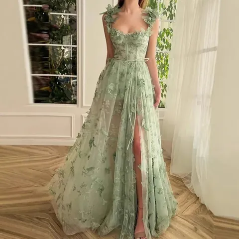 Wald-Feen 3D Schmetterling Applikation Spaghetti-Träger Abendkleid Salbeigrün Lila Tüll Hoher Schlitz Elegantes Party-Kleid Für Damen