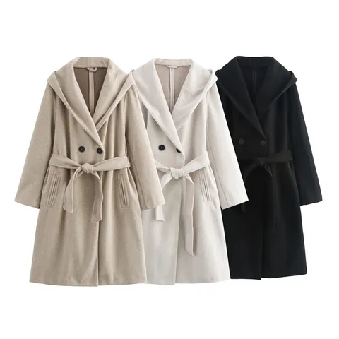 Damen Kapuzenmantel Lang Einfarbig Polyester Elegant Temperament Oberbekleidung Mit Gürtel Casual Pendeln Stil Top Für Herbst