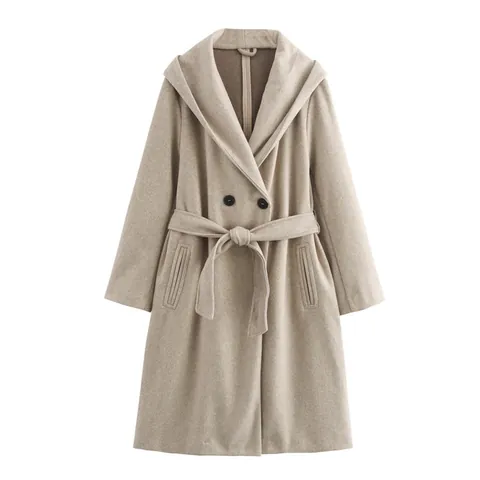 Damen Kapuzenmantel Lang Einfarbig Polyester Elegant Temperament Oberbekleidung Mit Gürtel Casual Pendeln Stil Top Für Herbst