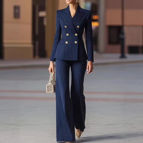 Damen Eleganter Gestreifter Blazer Anzug Büro Zweireihig Goldene Knöpfe Slim Fit Commuter Top And Bottom