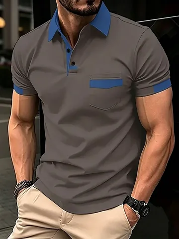 Men Business Casual Short Sleeve Polo Shirt Contrast Color Turn-down Collar Polyester Breathable Summer Top With Pocket