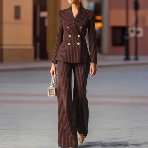 Damen Eleganter Gestreifter Blazer Anzug Büro Zweireihig Goldene Knöpfe Slim Fit Commuter Top And Bottom
