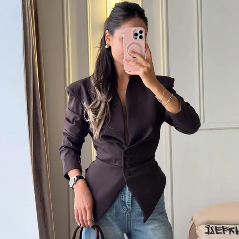 Damen Slim Fit Polyester Blazer Sexy V-Ausschnitt Langarm Tailliert Anzug Jacke Mode Büro Kleidung Einfarbig Top