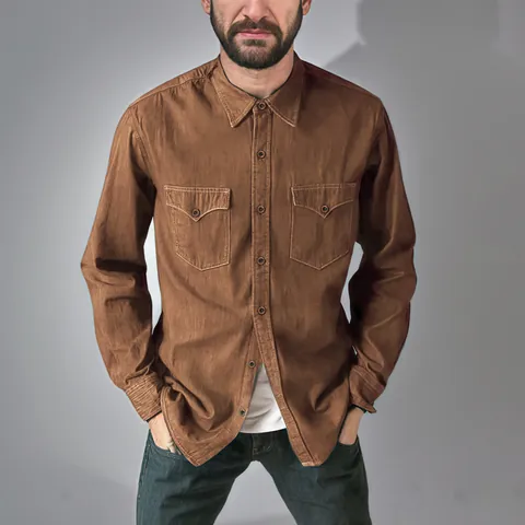 Camisa de Mezclilla Retro para Hombre Manga Larga Solapa Ropa de Trabajo Vintage Americana Color Sólido Mezcla de Algodón Chaqueta Casual