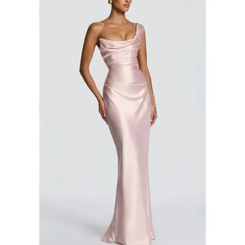 Damen Elegant Polyester Satin Abendkleid Schulterfrei Gerafft Meerjungfrau Maxikleid Slim Fit Formelles Party Abschlussballkleid