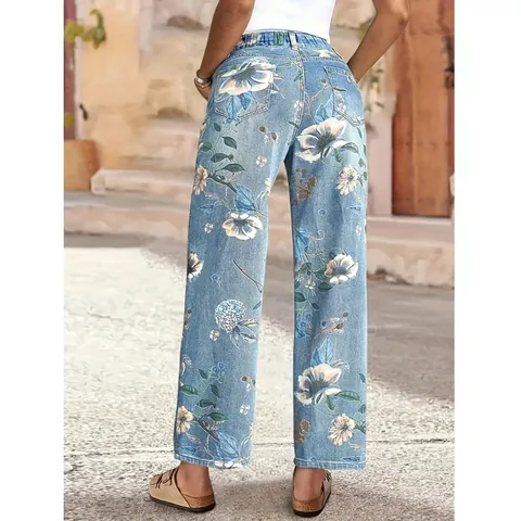 Damen Blumenmuster Jeans Mit Geradem Bein Baumwollmischung Hohe Taille Denim Hose Casual Retro Unterteil Für Damen Blau