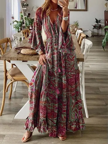 Women's Bohemian Paisley Floral Printed V-Neck High Waist Maxi Dress Flare Sleeve Holiday Vacation Pullover Long Dress