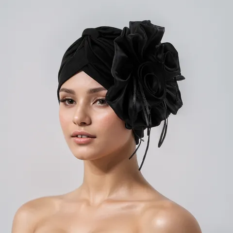 Sombrero Turban Elegante para Mujer Flor Grande Lateral Cintas Transpirable Elástico Gorro de Quimio Estilo Africano de Poliéster