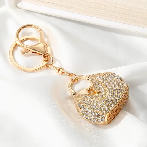 Cute Handbag Shape Keychain With Rhinestone Heart Pendant Zinc Alloy Bag Charm For Women Gift Accessory