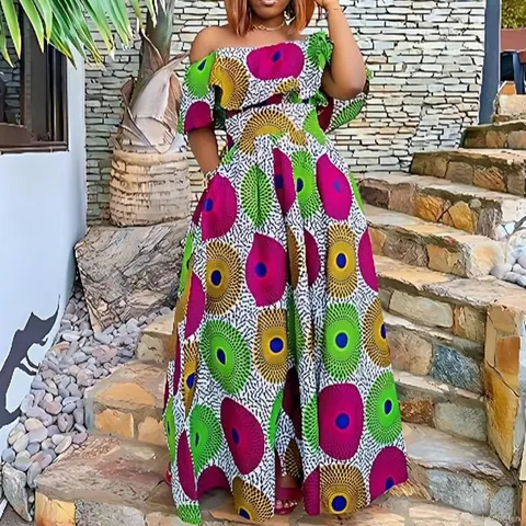 Abito Lungo con Spalle Scoperte e Stampa Africana Taglie Forti Donna Motivo Geometrico a Trapezio Estivo Boho Top And Bottom