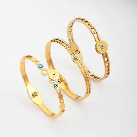 Titanium Staal Boze Oog Armring Voor Vrouwen Gegalvaniseerd Goud Strass Hol Geometrische Armring Boho Mode Sieraden