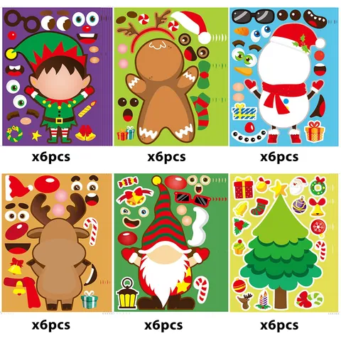 Pegatinas DIY de Navidad Crear una Cara Puzzle Dibujos Animados para Niños Decoración de Fiesta Papel Adhesivo Regalo