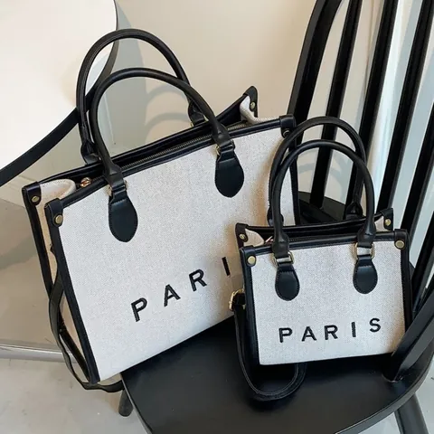 Dames Grote Capaciteit Canvas Draagtas PARIS Letterprint Splicing Lederen Handtas Mode Casual Schoudertas Voor Woon-werkverkeer