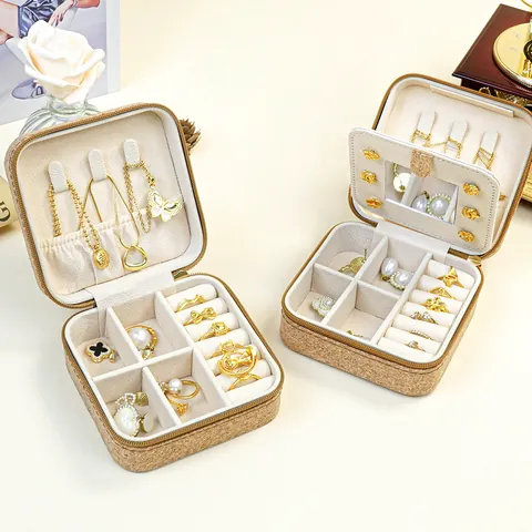 Portable Exotic Mandala Floral Printed Jewelry Storage Box Vintage Wood Grain Cork Jewelry Box For Rings Earrings Necklaces
