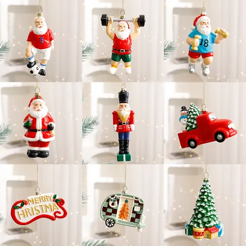 Ornements de Noël en Plastique Peints Père Noël Casse Noisette Sapin Voiture Forme de Boule Suspendue Décorations pour Fête Maison Cadeau de Noël