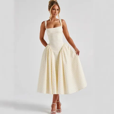 Robe Cami à Carreaux Style Français Femmes Été Col Carré Taille Haute Ligne A Midi Robe Vacances sans Manches