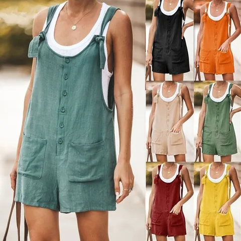 Pagliaccetto Estivo da Donna in Cotone Casual Senza Maniche Tinta Unita Con Lacci Tuta Monopetto Con Tasche Playsuit da Spiaggia