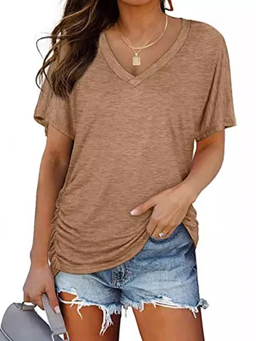 Camiseta de Manga Corta Fruncida con Cuello en V Informal para Mujer Top de Verano de Poliéster Liso Suelto