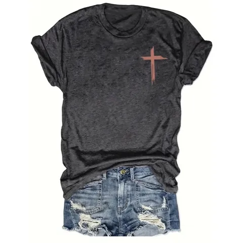 Damen Casual Baumwolle Rundhalsausschnitt Kurzarm T-Shirt Vintage Faith Buchstabe Kreuz Grafikdruck Locker Sommer Top Dunkelgrau