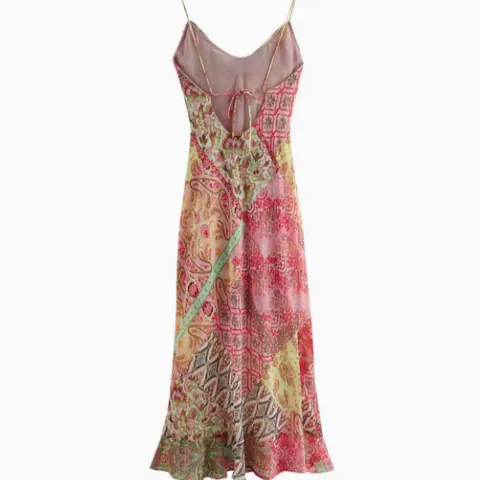 Women's Bohemian Patchwork Print Mini Dress Sexy Backless Crinkled Spaghetti Strap Slim Fit Summer Sundress