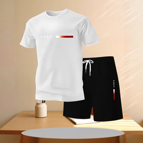 Herren Freizeit Sportanzug Set Polyester Kurzarm T-Shirt und Shorts Oberteil und Unterteil Paris Buchstaben Druck Sommer Lounge Wear