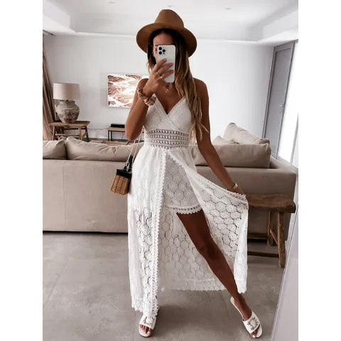 Dames Sexy Sling Kant Opengewerkt Jumpsuit Romper Rugloos Mouwloos Bloemenpatroon Strand Resort Top And Bottom Zomer Outfit