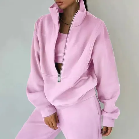 Γυναικείο Casual Fleece Σετ Φόρμας Φούτερ Με Μισό Φερμουάρ Και Αντίστοιχο Παντελόνι Φόρμας Μονόχρωμο Δύο Τεμαχίων Χειμερινό Φθινοπωρινό Αθλητικό Ντύσιμο