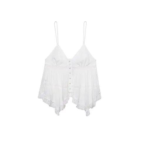 Women Elegant V Neck Cotton Cami Top Embroidered Lace Hem Button Front Adjustable Spaghetti Strap Irregular Top