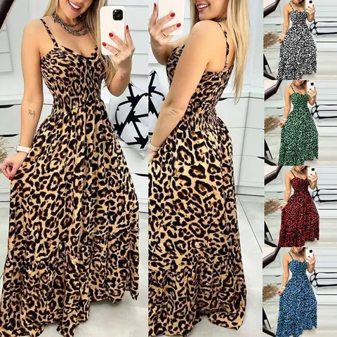 Women Sexy Leopard Print Cami Maxi Dress Backless High Waist Tiered Skirt Summer Vacation Sleeveless V-Neck Polyester Long Dress