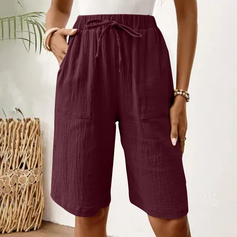 Women Casual Cotton Linen Blend Shorts Relaxed Fit Elastic Waist Drawstring Knee Length Shorts With Pockets Summer Bottom
