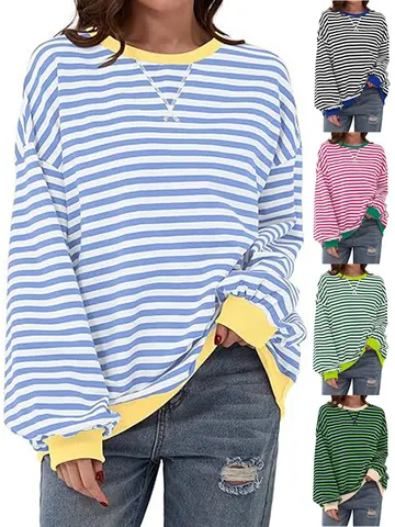 Damen Gestreiftes Print Top Kontrast Rundhals Lässig Pullover Locker Langarm Herbst Mode Hauskleidung Komfort Shirt