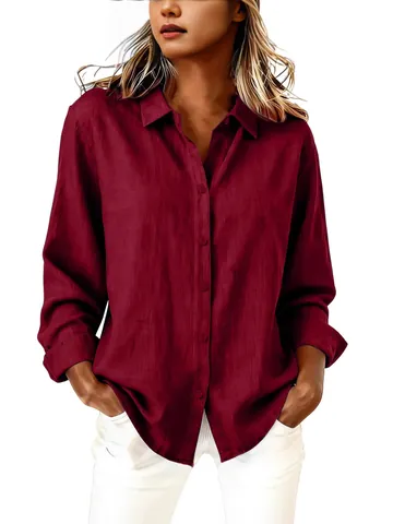 Women Casual Cotton Linen Shirt Long Sleeve Lapel Single Breasted Loose Fit Blouse Top Lightweight Fashion Summer Apparel